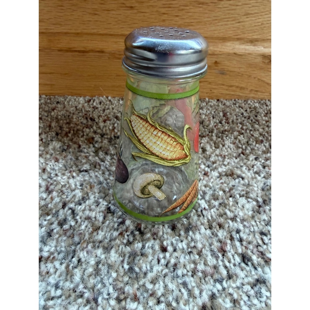 Vintage Glass Vegetable Motif Salt Pepper Shaker Stainless Lid Garden Farmhouse